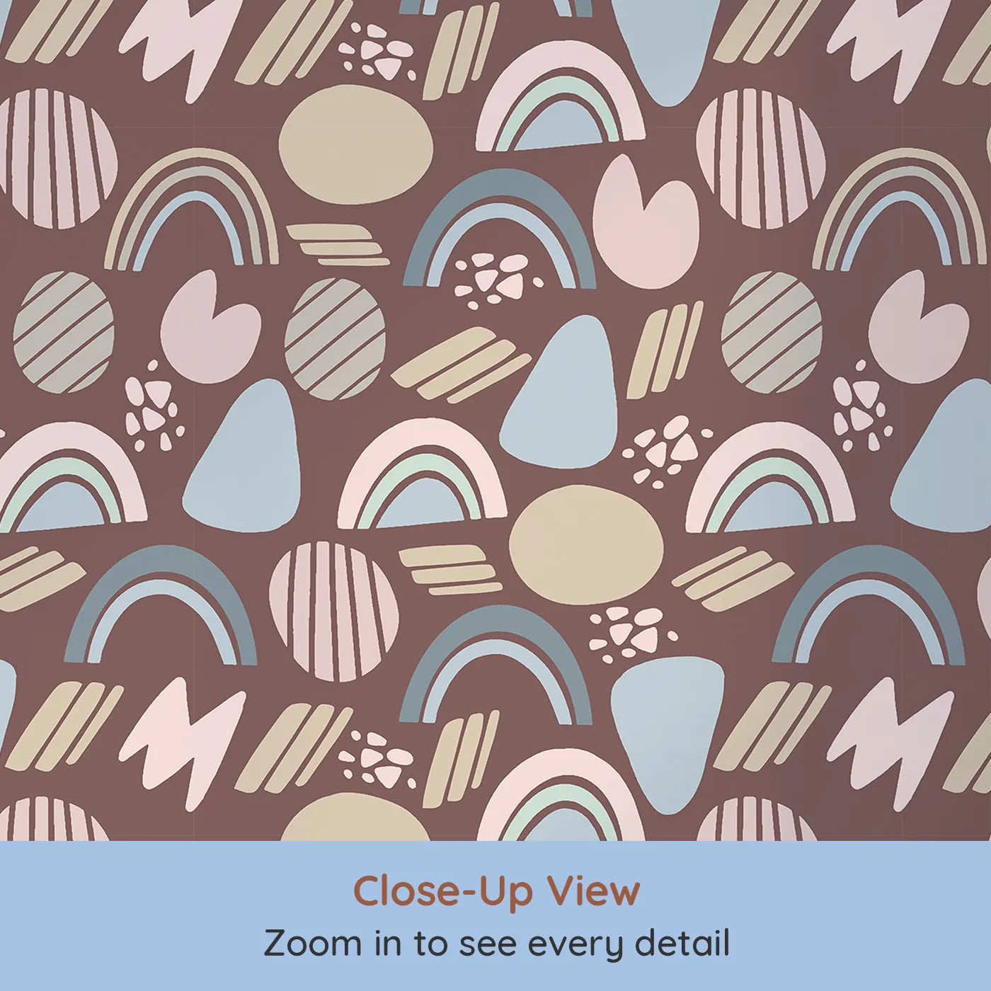 Close-up view of Whimsy Tots' Rainbow Petal Shapes Wallpaper in Cocoa Brown (W3141B).Pastel shapes pop gently against a rich cocoa backdrop.