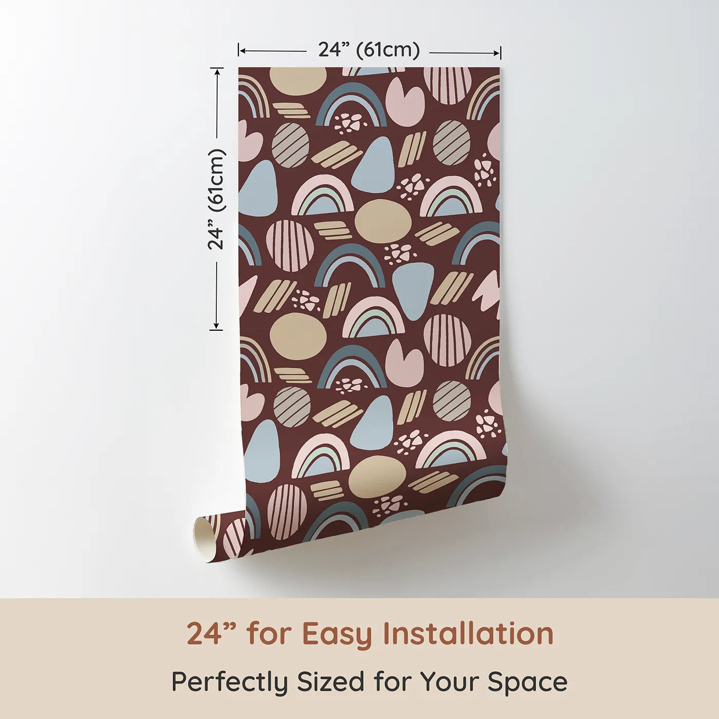 Dimension view of Whimsy Tots Rainbow Petal Shapes Wallpaper in Cocoa Brown (W3141B). Printed in 24-inch-wide panel for easy installation. Pastel shapes pop gently against a rich cocoa backdrop.