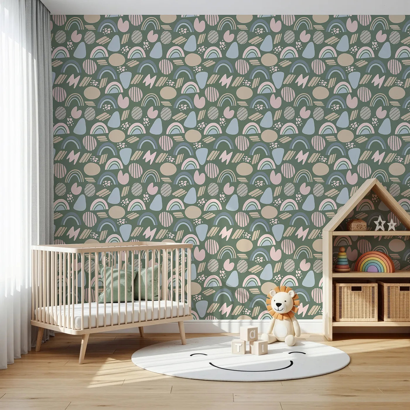 Front view of Whimsy Tots' Rainbow Petal Shapes Wallpaper in Forest Green