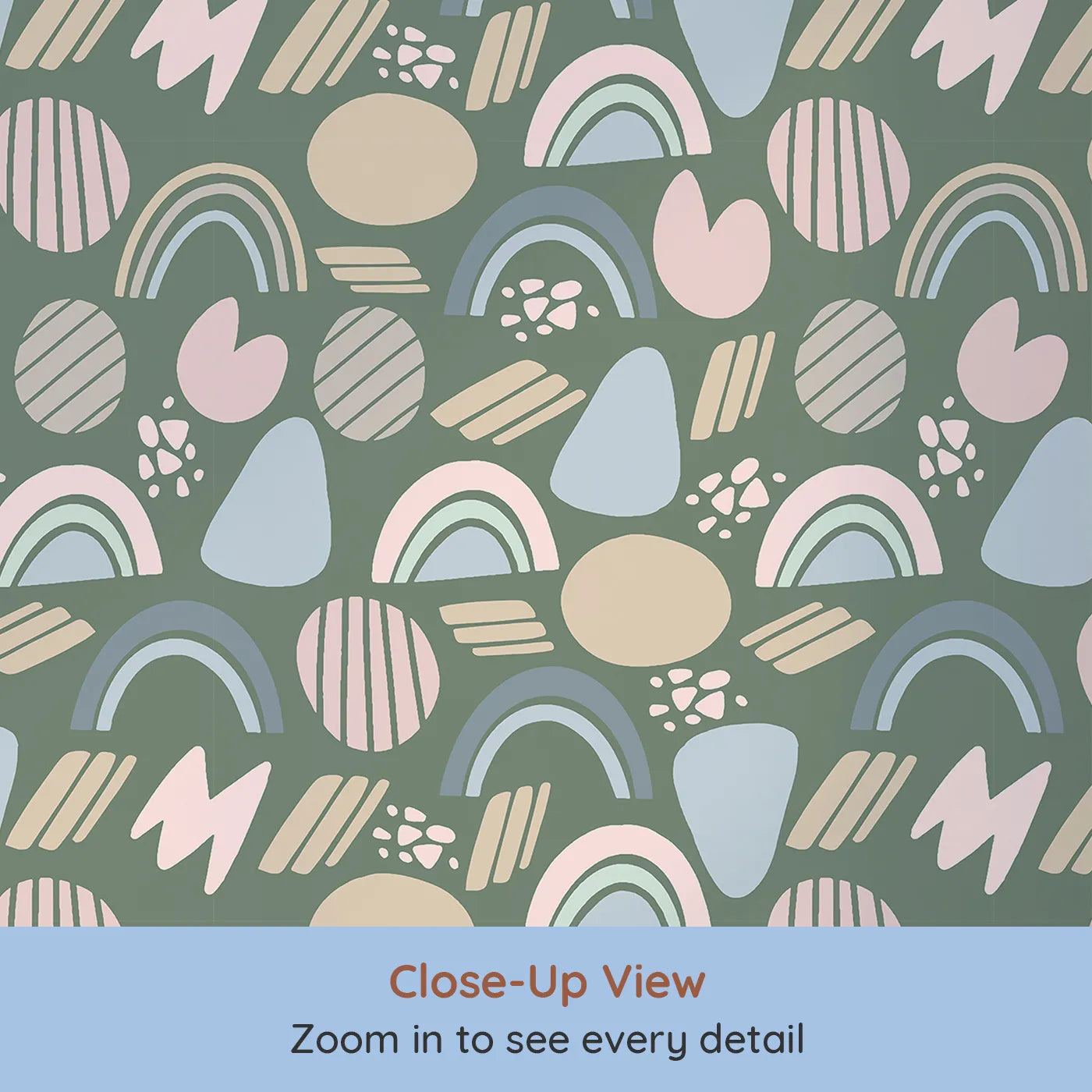 Close-up view of Whimsy Tots' Rainbow Petal Shapes Wallpaper in Forest Green (W3141C).Soft rainbow shapes bloom against a grounding forest green.