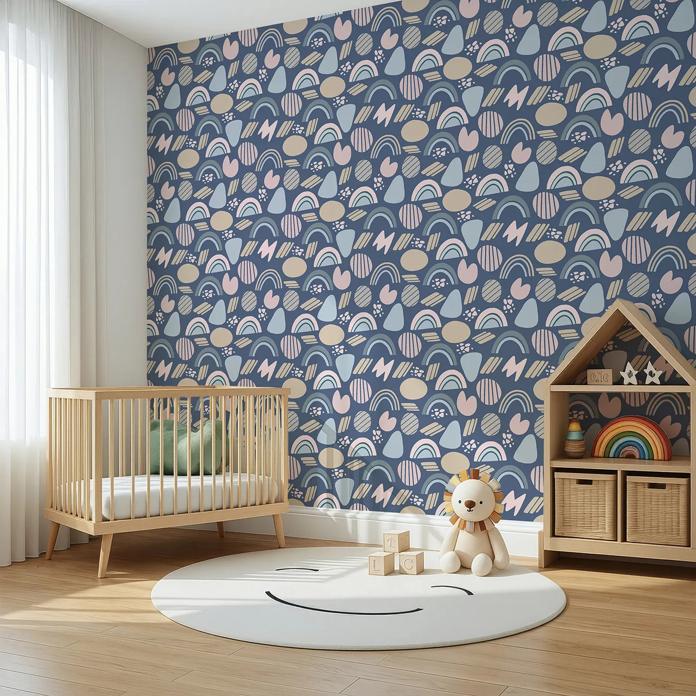 Angled view of Whimsy Tots' Rainbow Petal Shapes Wallpaper in Midnight Blue (W3141D).Soft shapes glow gently against a deep midnight sky.