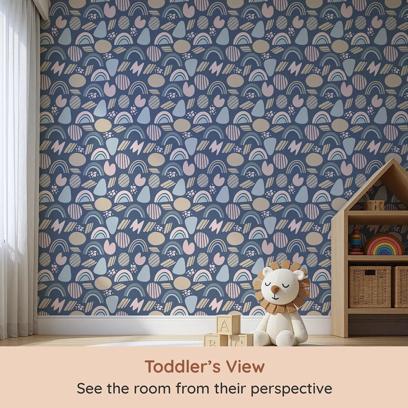 Whimsy Tots Rainbow Petal Shapes Wallpaper in Midnight Blue (W3141D) from your child's view.Soft shapes glow gently against a deep midnight sky.