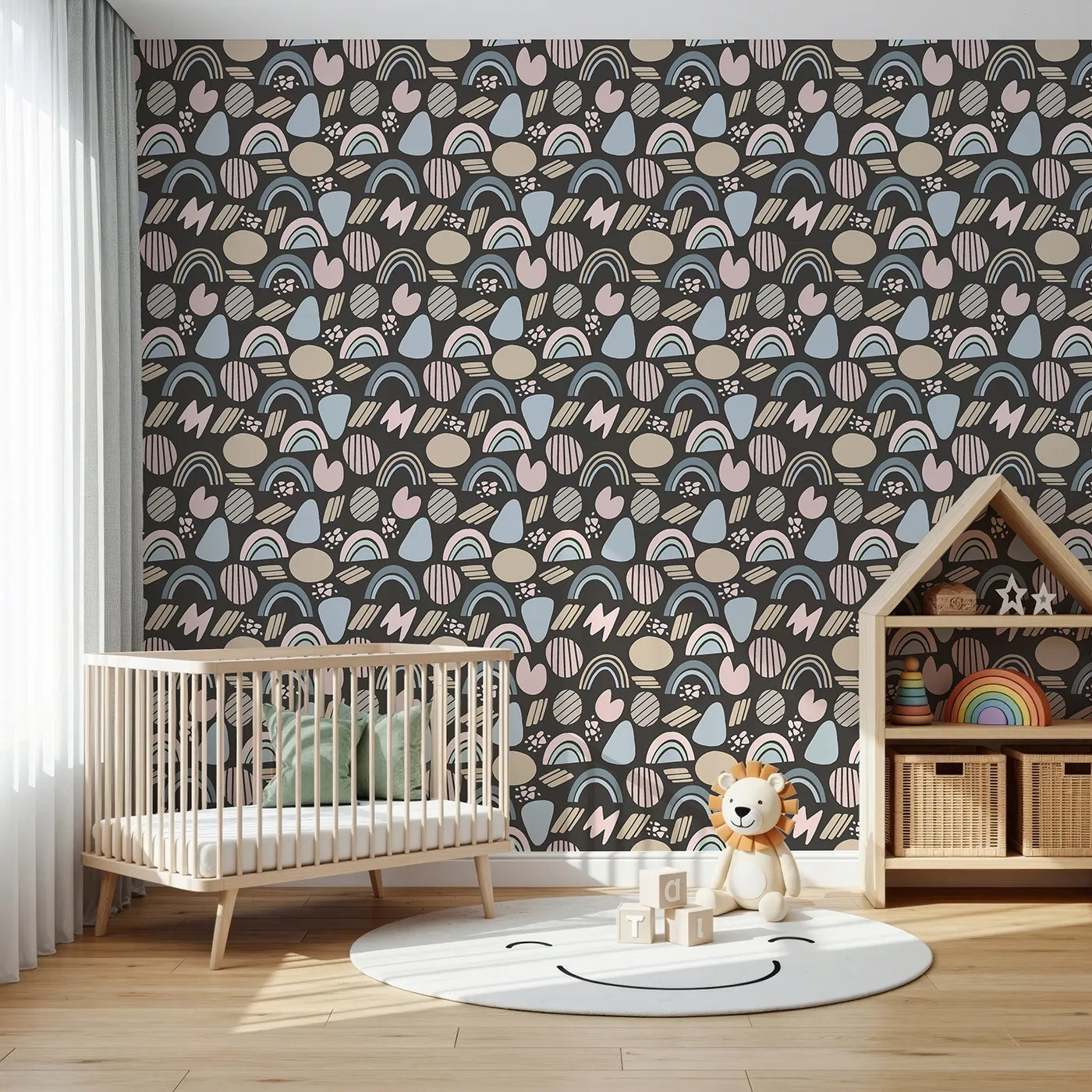 Front view of Whimsy Tots' Rainbow Petal Shapes Wallpaper in Charcoal Gray