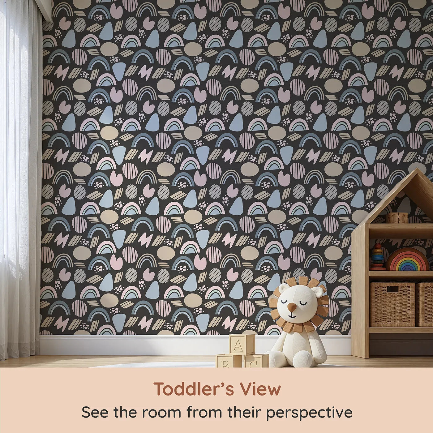 Whimsy Tots Rainbow Petal Shapes Wallpaper in Charcoal Gray (W3141E) from your child's view.Pastels shine softly across a deep charcoal backdrop.