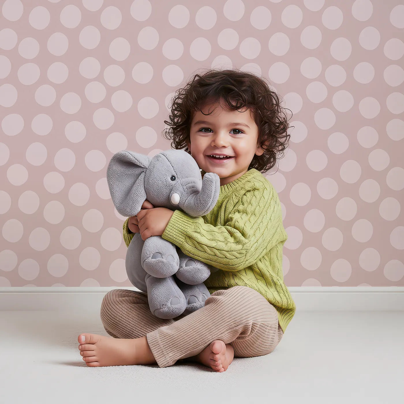 Lovely child standing in front of Whimsy Tots Playful Pebble Dots Wallpaper in Blush Pink with dot, pebble, spot, oval in design.