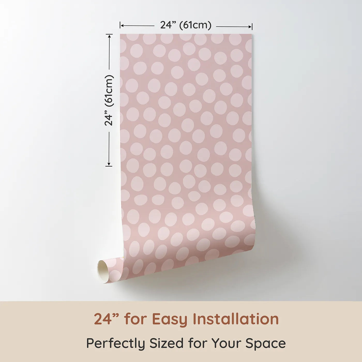 Dimension view of Whimsy Tots Playful Pebble Dots Wallpaper in Blush Pink (W3142A). Printed in 24-inch-wide panel for easy installation. Soft pink ovals create a cozy rhythm across a rosy blush field.