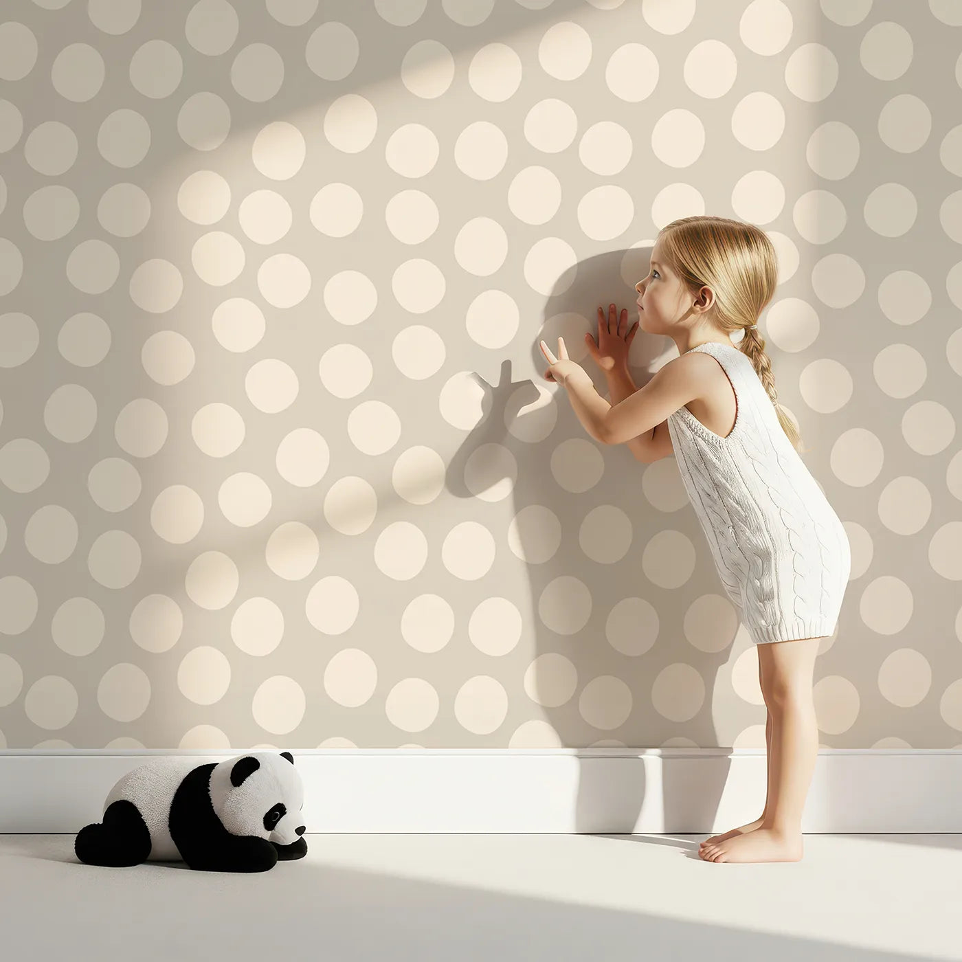 Lovely child standing in front of Whimsy Tots Playful Pebble Dots Wallpaper in Oat Beige with dot, pebble, spot, oval in design.