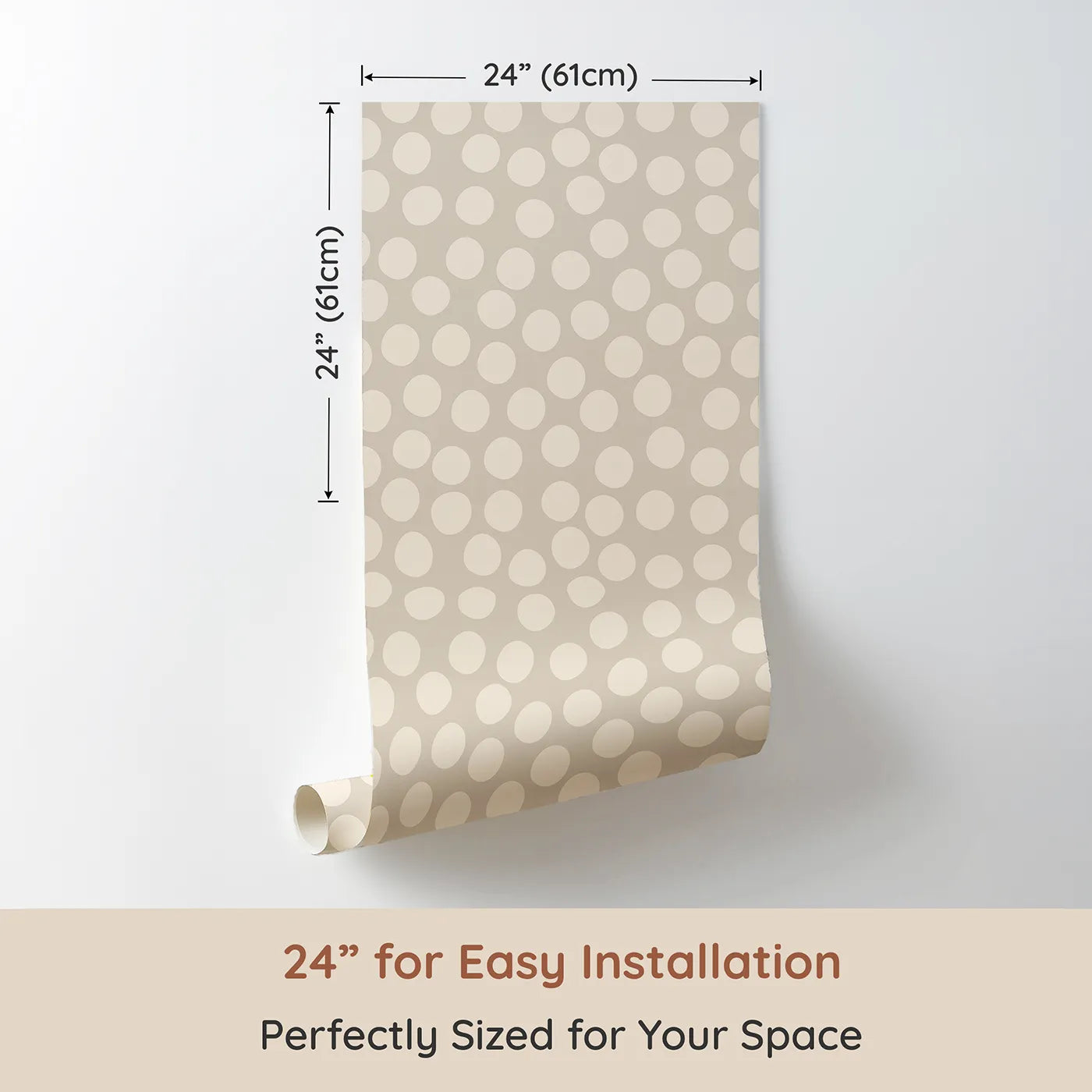 Dimension view of Whimsy Tots Playful Pebble Dots Wallpaper in Oat Beige (W3142B). Printed in 24-inch-wide panel for easy installation. Creamy dots dot across a gentle oat-colored canvas.