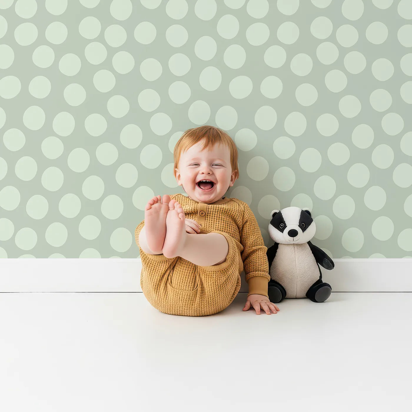 Lovely child standing in front of Whimsy Tots Playful Pebble Dots Wallpaper in Sage Green with dot, pebble, oval, spot in design.