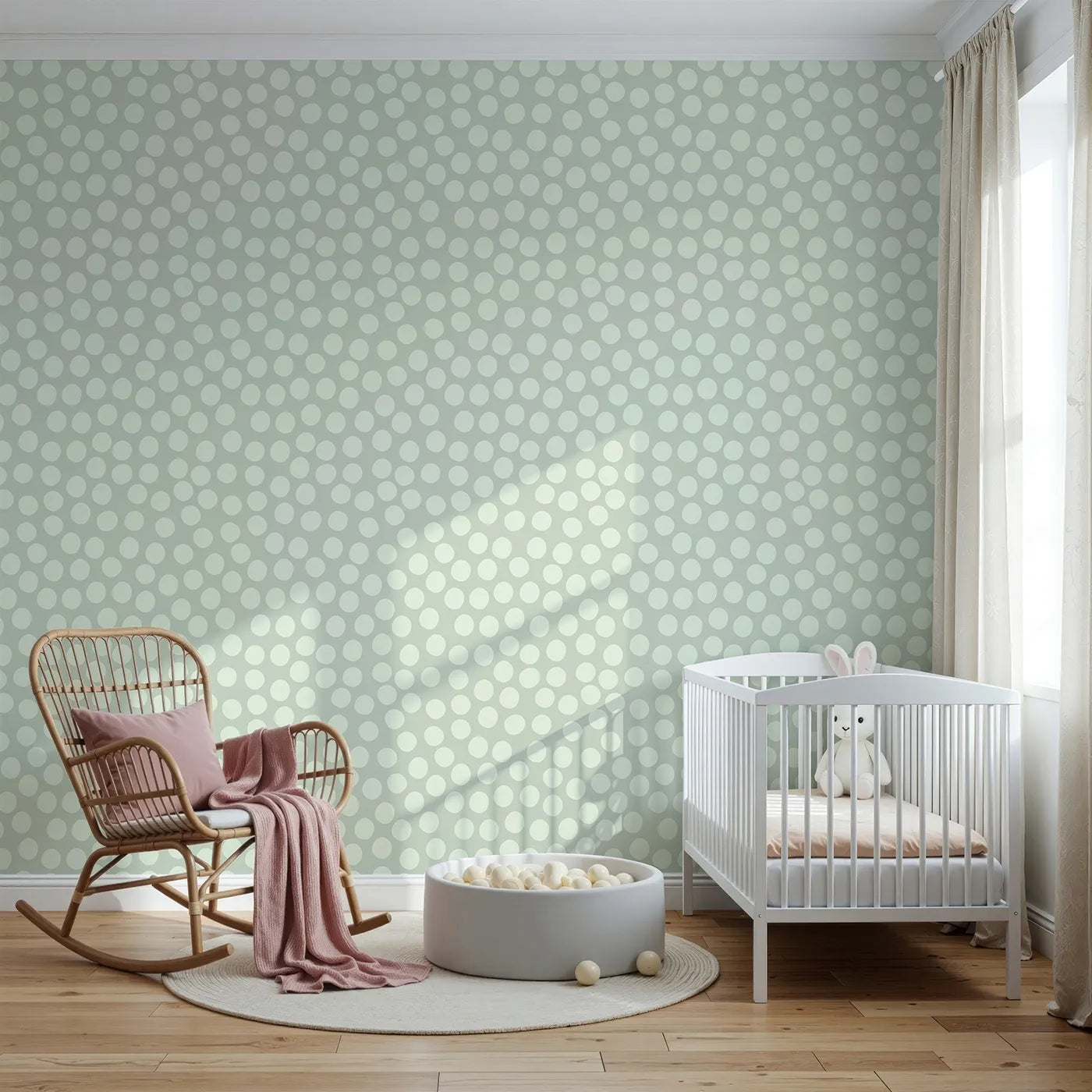 Front view of Whimsy Tots' Playful Pebble Dots Wallpaper in Sage Green