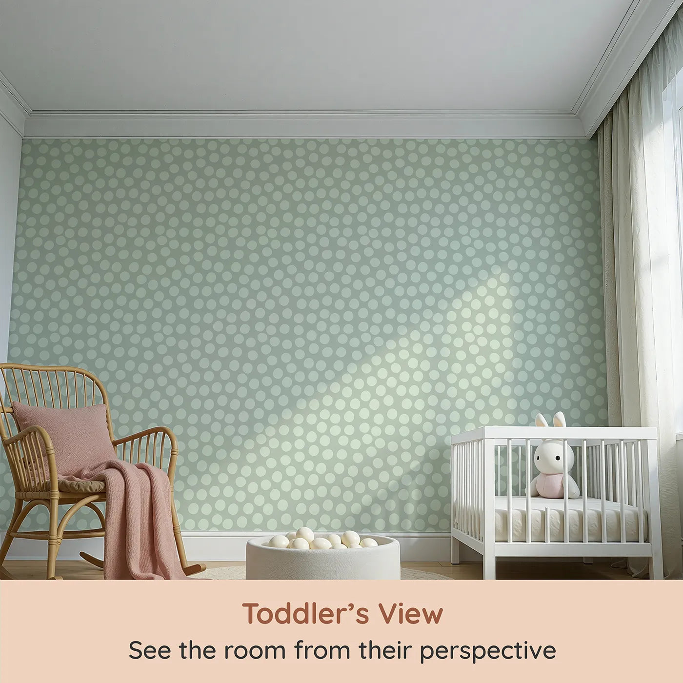 Whimsy Tots Playful Pebble Dots Wallpaper in Sage Green (W3142C) from your child's view.Soft sage ovals ripple gently across a meadow-toned canvas.