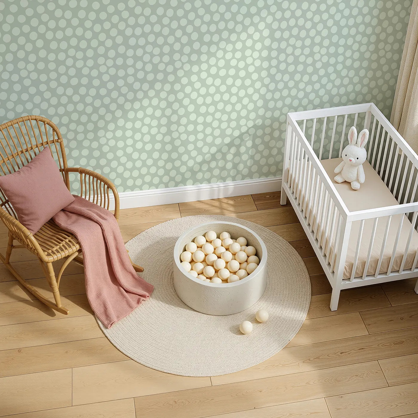 Top-Down view of Whimsy Tots' Playful Pebble Dots Wallpaper in Sage Green (W3142C).Soft sage ovals ripple gently across a meadow-toned canvas.