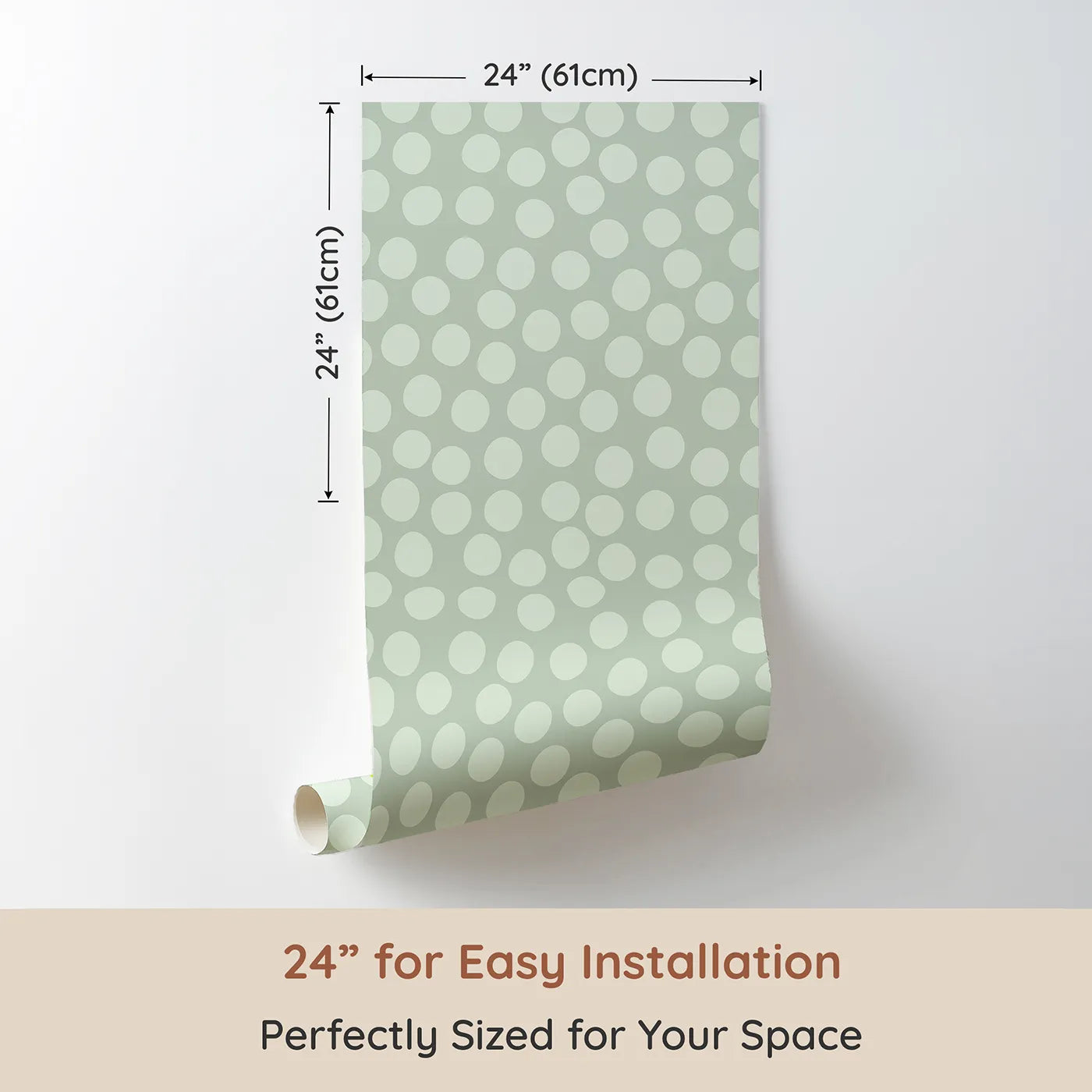 Dimension view of Whimsy Tots Playful Pebble Dots Wallpaper in Sage Green (W3142C). Printed in 24-inch-wide panel for easy installation. Soft sage ovals ripple gently across a meadow-toned canvas.