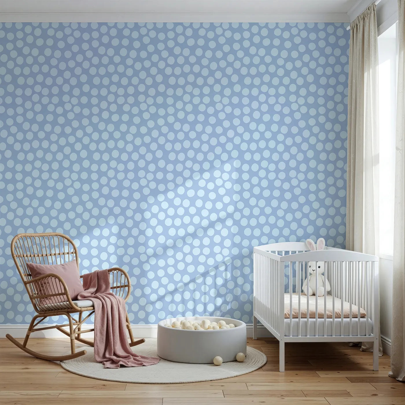 Front view of Whimsy Tots' Playful Pebble Dots Wallpaper in Periwinkle Blue