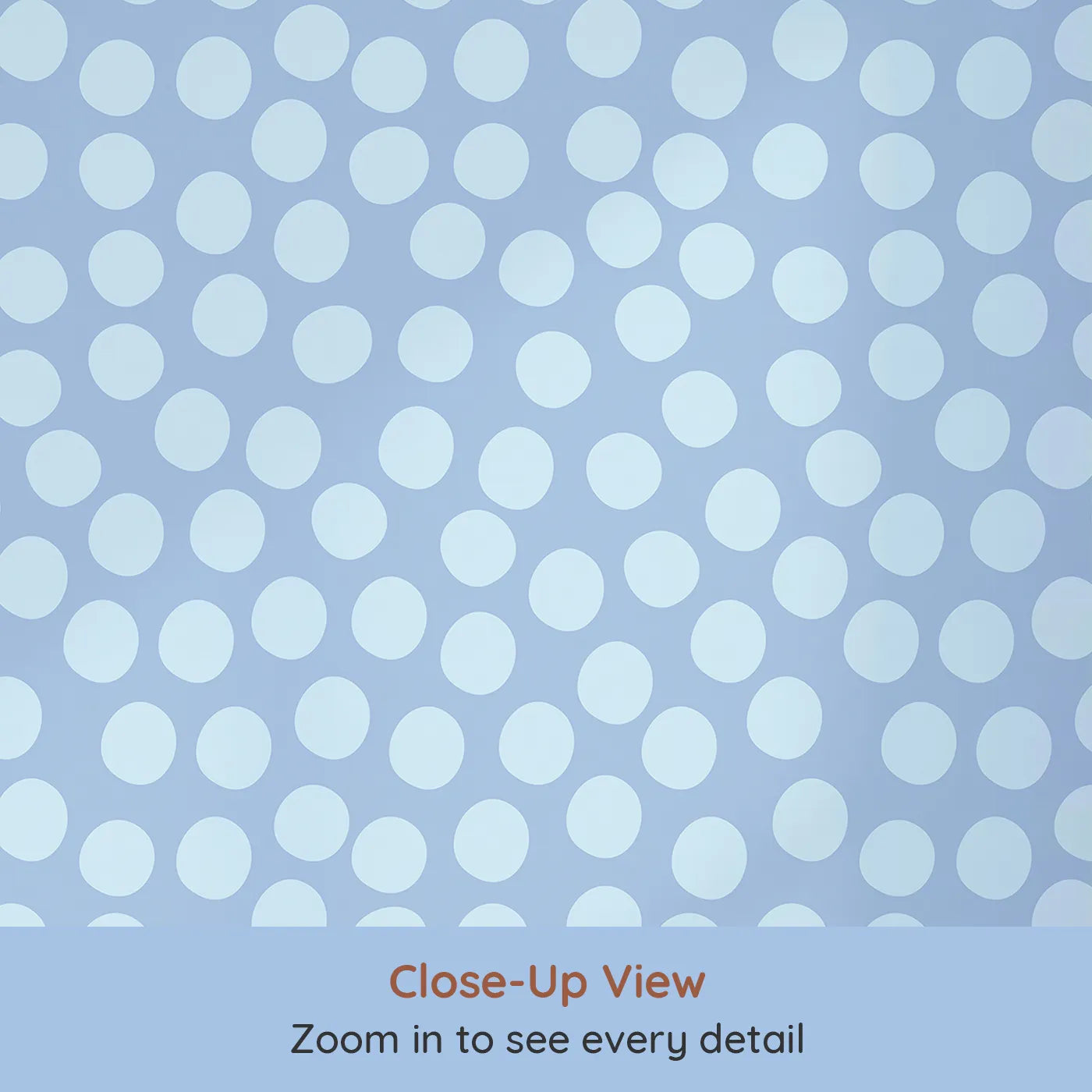 Close-up view of Whimsy Tots' Playful Pebble Dots Wallpaper in Periwinkle Blue (W3142D).Dusty blue dots tumble playfully across a periwinkle-toned sky.