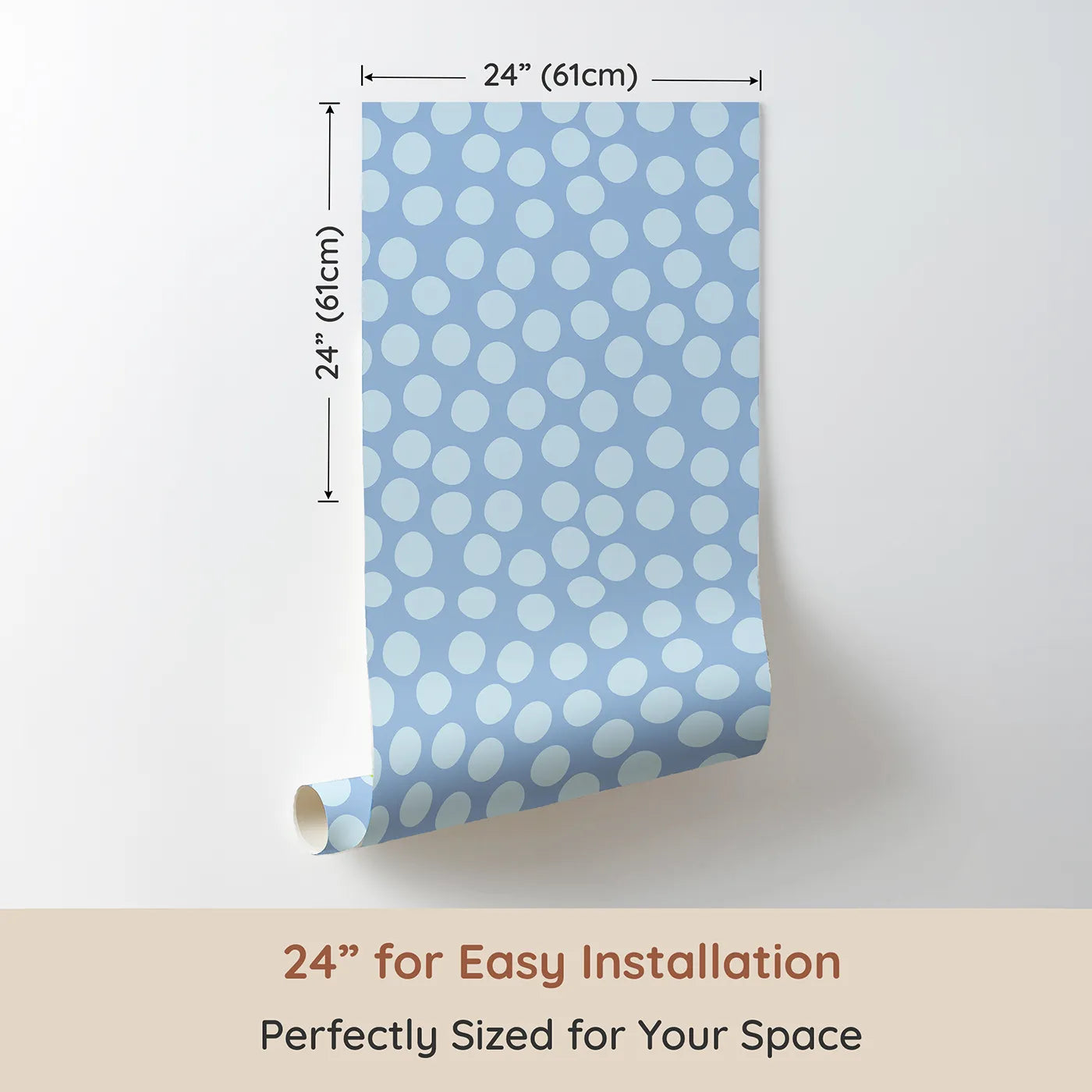 Dimension view of Whimsy Tots Playful Pebble Dots Wallpaper in Periwinkle Blue (W3142D). Printed in 24-inch-wide panel for easy installation. Dusty blue dots tumble playfully across a periwinkle-toned sky.