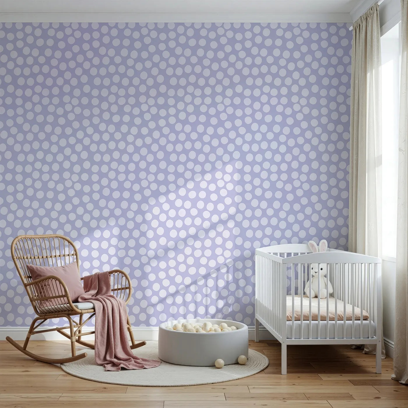 Front view of Whimsy Tots' Playful Pebble Dots Wallpaper in Lavender Mist
