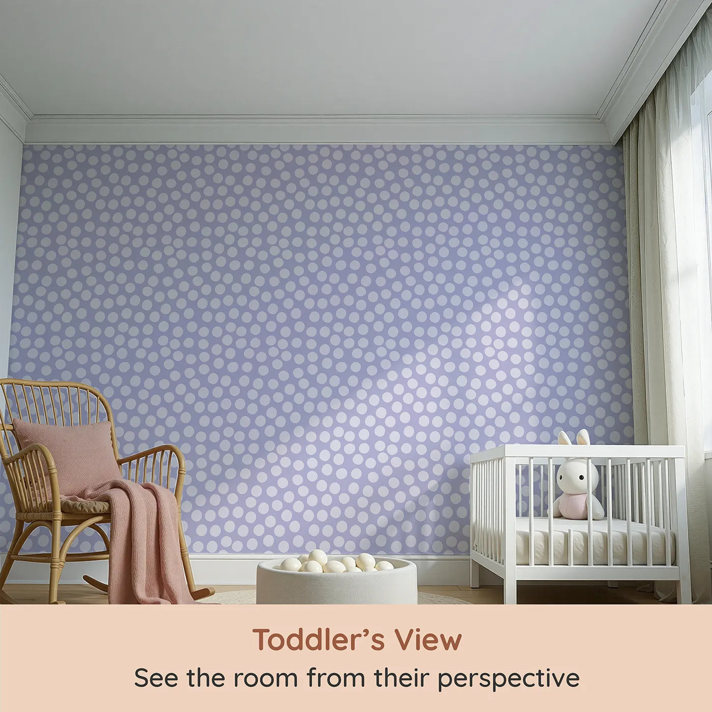 Whimsy Tots Playful Pebble Dots Wallpaper in Lavender Mist (W3142E) from your child's view.Soft lavender dots float gently across a dreamy lilac sky.