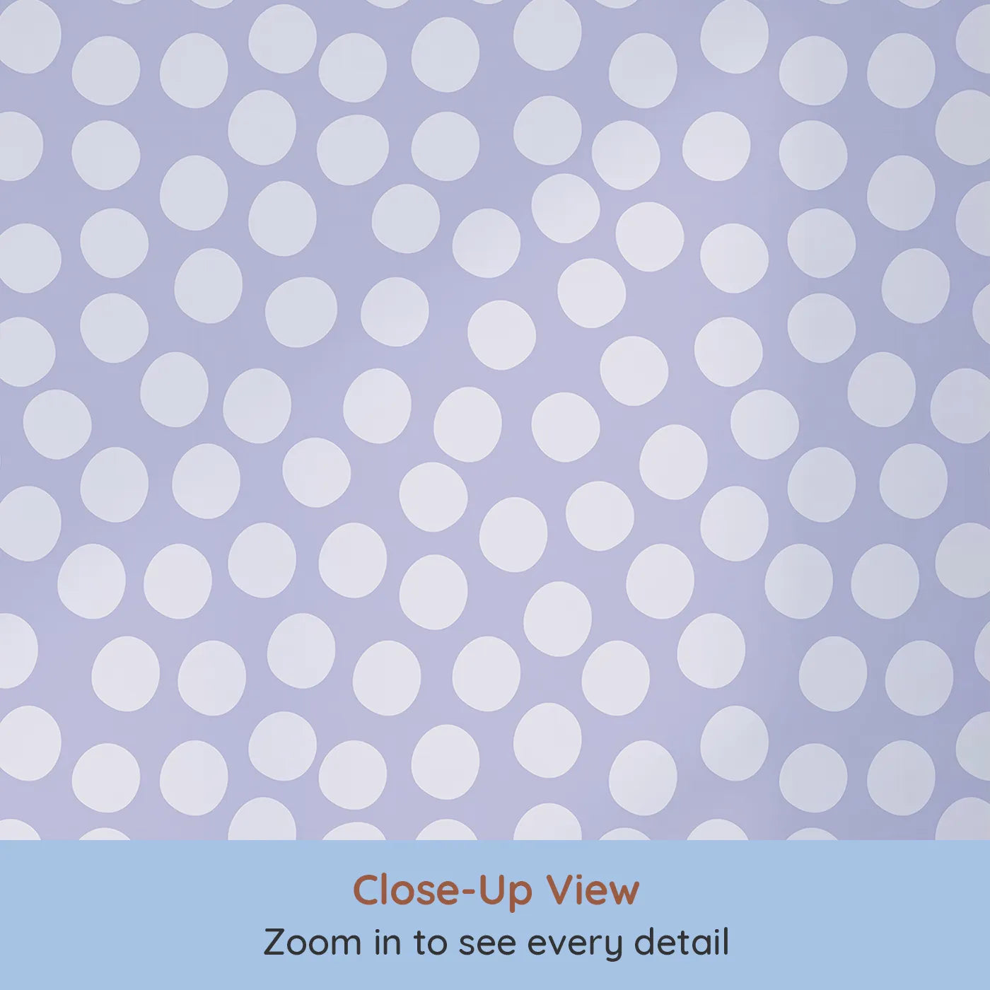 Close-up view of Whimsy Tots' Playful Pebble Dots Wallpaper in Lavender Mist (W3142E).Soft lavender dots float gently across a dreamy lilac sky.
