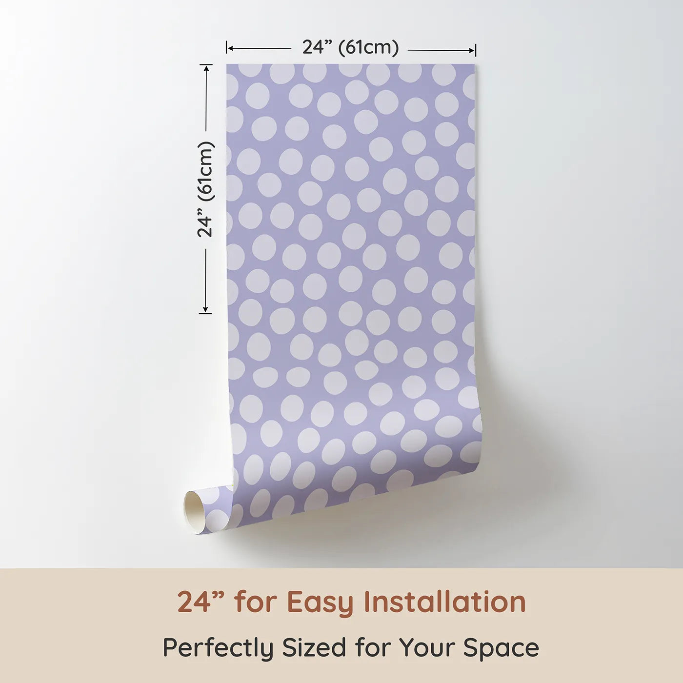 Dimension view of Whimsy Tots Playful Pebble Dots Wallpaper in Lavender Mist (W3142E). Printed in 24-inch-wide panel for easy installation. Soft lavender dots float gently across a dreamy lilac sky.