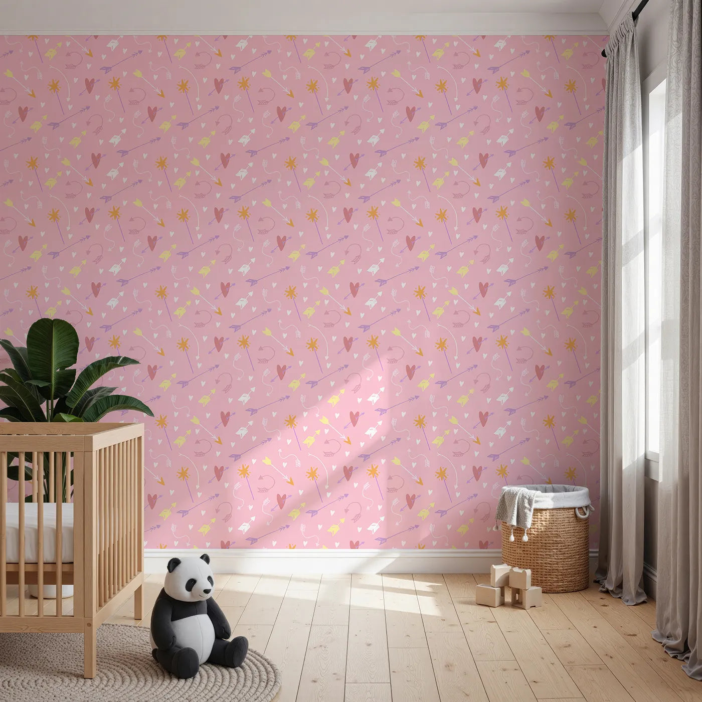 Front view of Whimsy Tots' Cupids Arrow Parade Wallpaper in Blush Pink