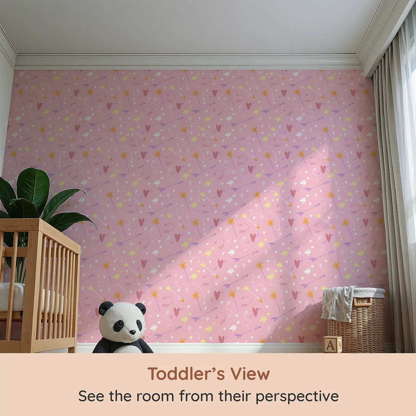Whimsy Tots Cupids Arrow Parade Wallpaper in Blush Pink (W3143A) from your child's view.Hearts and arrows dance across a candy-sweet pink sky.