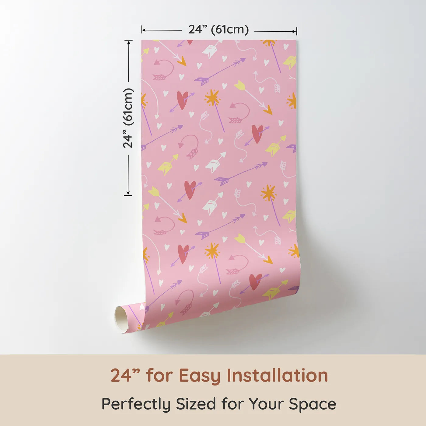 Dimension view of Whimsy Tots Cupids Arrow Parade Wallpaper in Blush Pink (W3143A). Printed in 24-inch-wide panel for easy installation. Hearts and arrows dance across a candy-sweet pink sky.