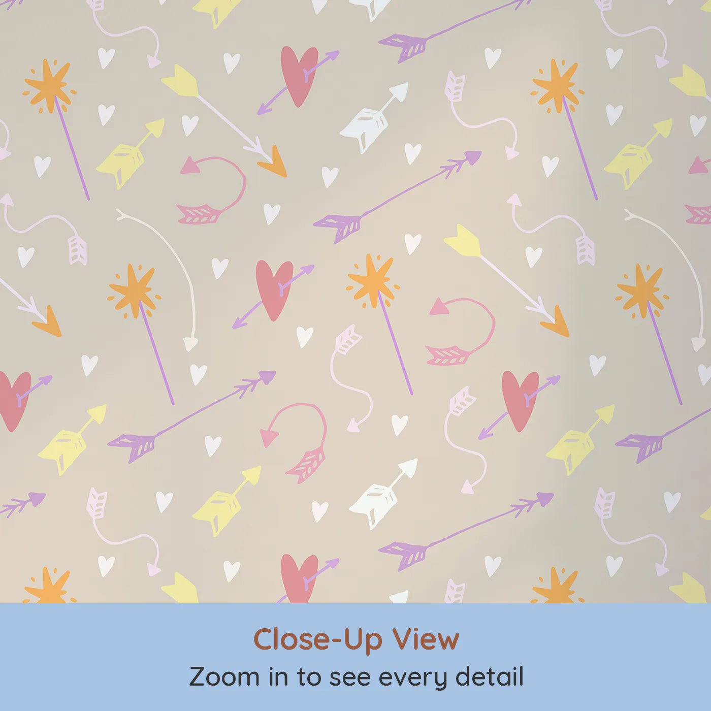Close-up view of Whimsy Tots' Cupids Arrow Parade Wallpaper in Cozy Beige (W3143B).Playful arrows and hearts twirl across a creamy beige canvas.