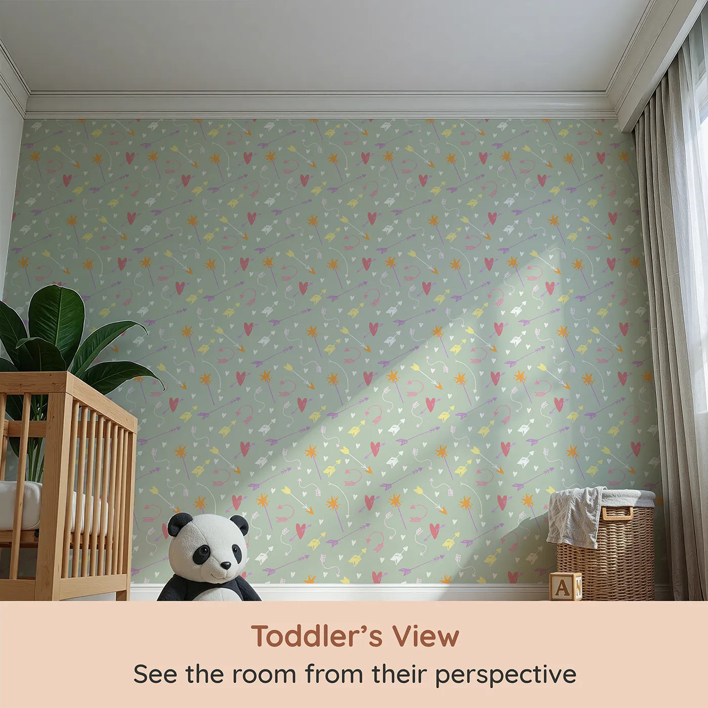 Whimsy Tots Cupids Arrow Parade Wallpaper in Sage Whimsy Green (W3143C) from your child's view.Arrows and hearts dance softly across a cool sage green field.