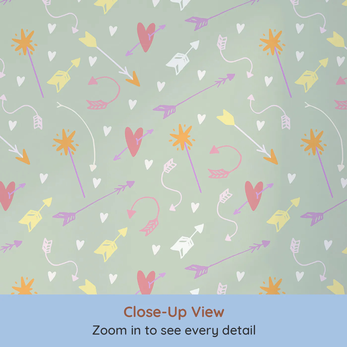 Close-up view of Whimsy Tots' Cupids Arrow Parade Wallpaper in Sage Whimsy Green (W3143C).Arrows and hearts dance softly across a cool sage green field.