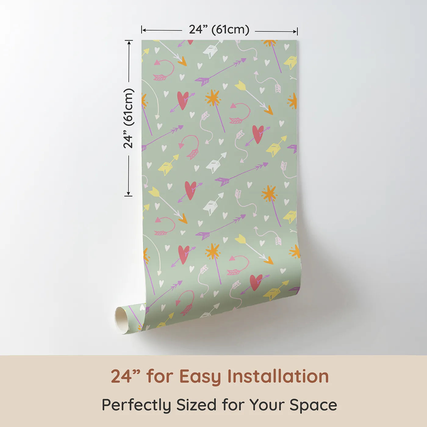 Dimension view of Whimsy Tots Cupids Arrow Parade Wallpaper in Sage Whimsy Green (W3143C). Printed in 24-inch-wide panel for easy installation. Arrows and hearts dance softly across a cool sage green field.