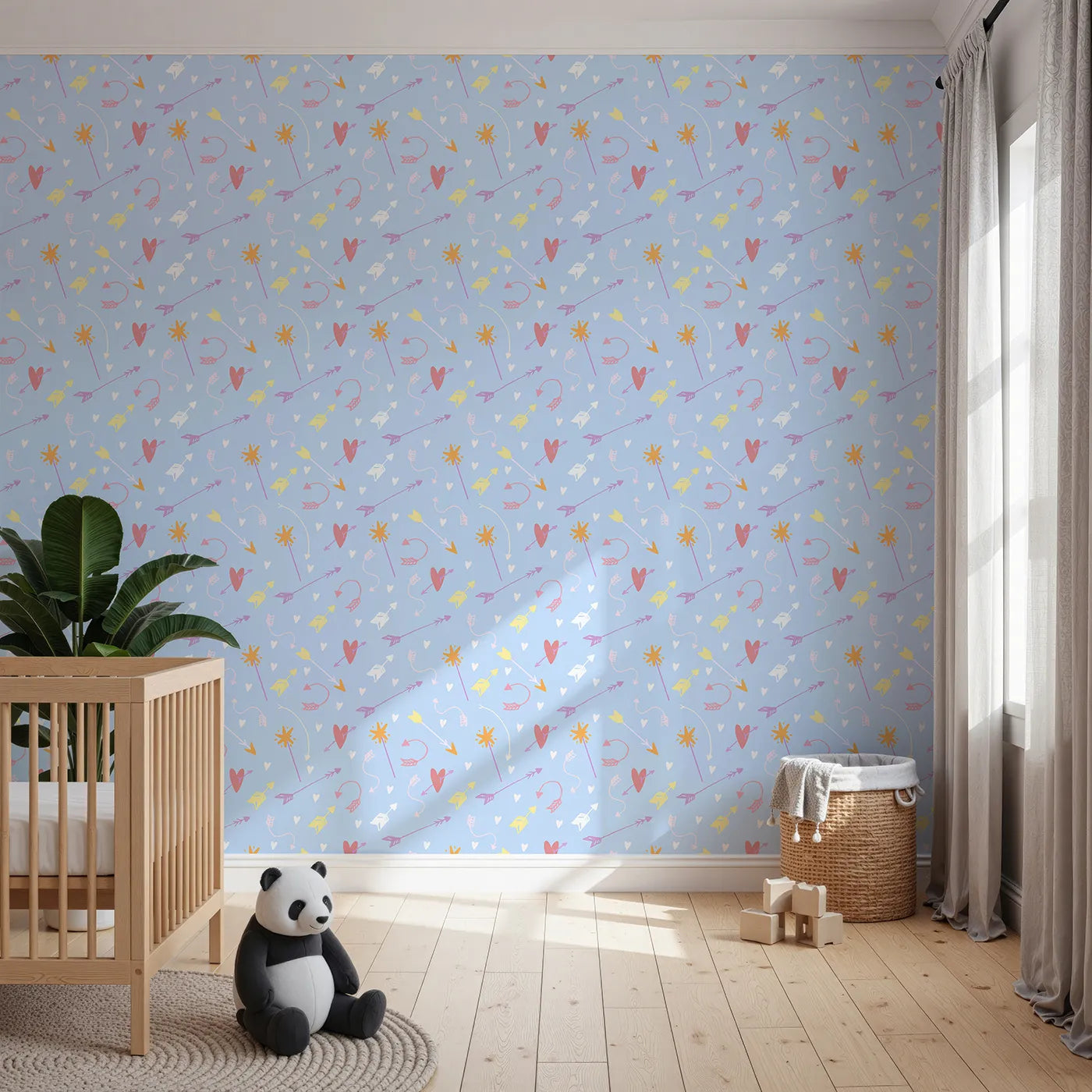 Front view of Whimsy Tots' Cupids Arrow Parade Wallpaper in Sky Blue
