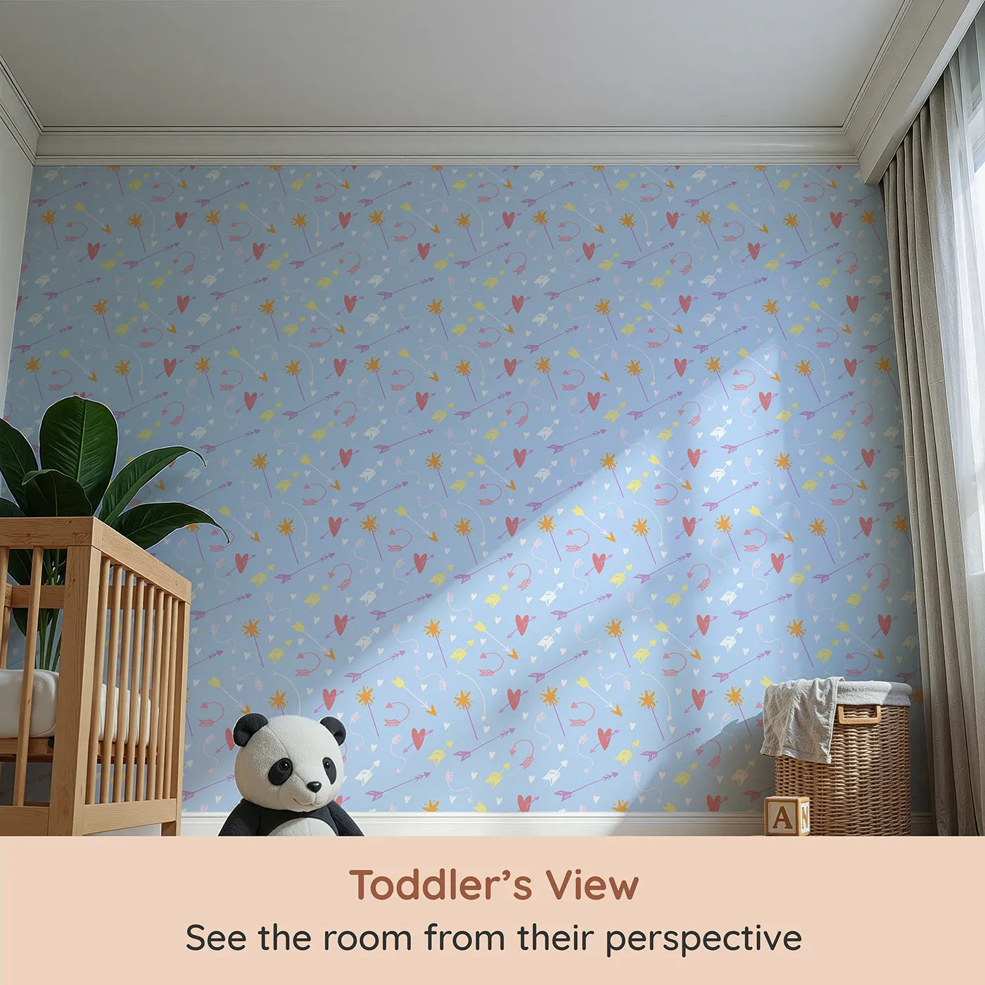 Whimsy Tots Cupids Arrow Parade Wallpaper in Sky Blue (W3143D) from your child's view.Pastel hearts and arrows swirl across a playful blue sky.