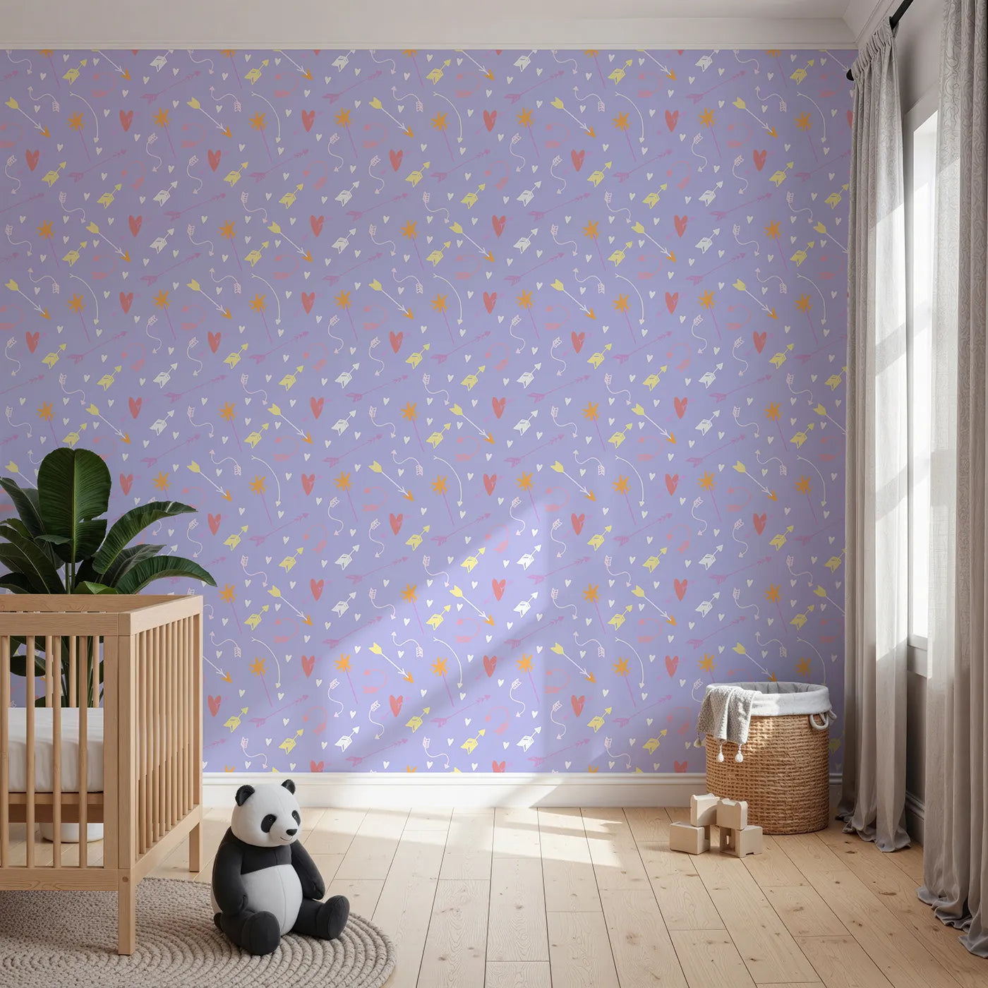 Front view of Whimsy Tots' Cupids Arrow Parade Wallpaper in Lavender Pop