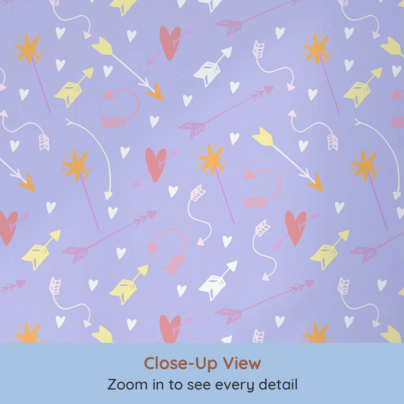 Close-up view of Whimsy Tots' Cupids Arrow Parade Wallpaper in Lavender Pop (W3143E).Arrows and hearts burst across a soft lavender sky.