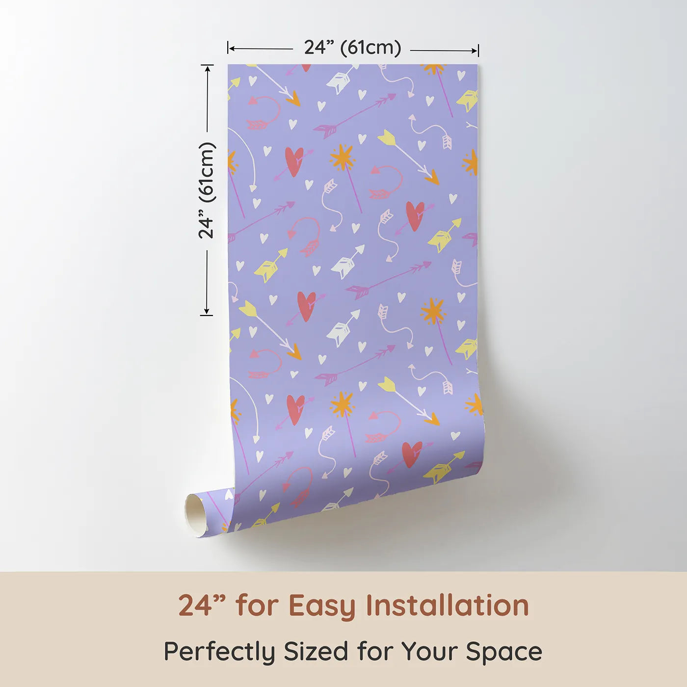 Dimension view of Whimsy Tots Cupids Arrow Parade Wallpaper in Lavender Pop (W3143E). Printed in 24-inch-wide panel for easy installation. Arrows and hearts burst across a soft lavender sky.
