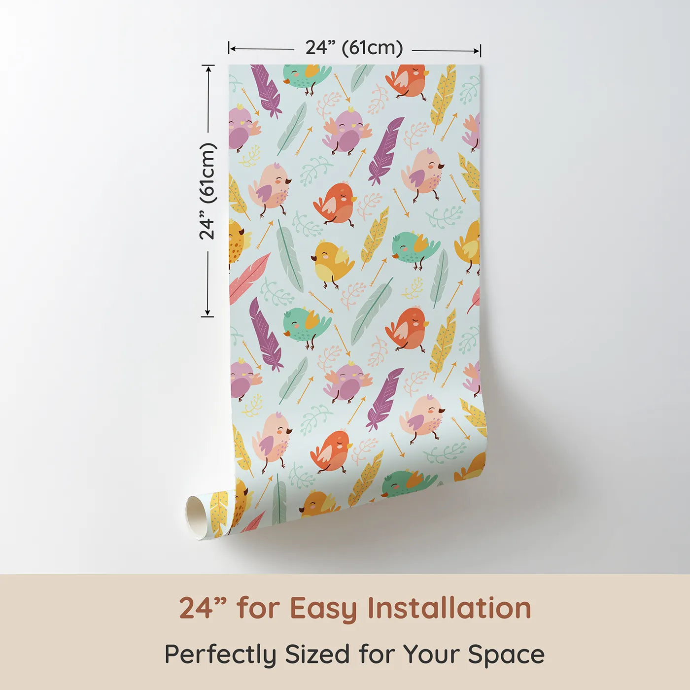 Dimension view of Whimsy Tots Feathered Joy Parade Wallpaper in Sky Mint (W3144A). Printed in 24-inch-wide panel for easy installation. Happy birds and soft feathers flutter across a minty sky.