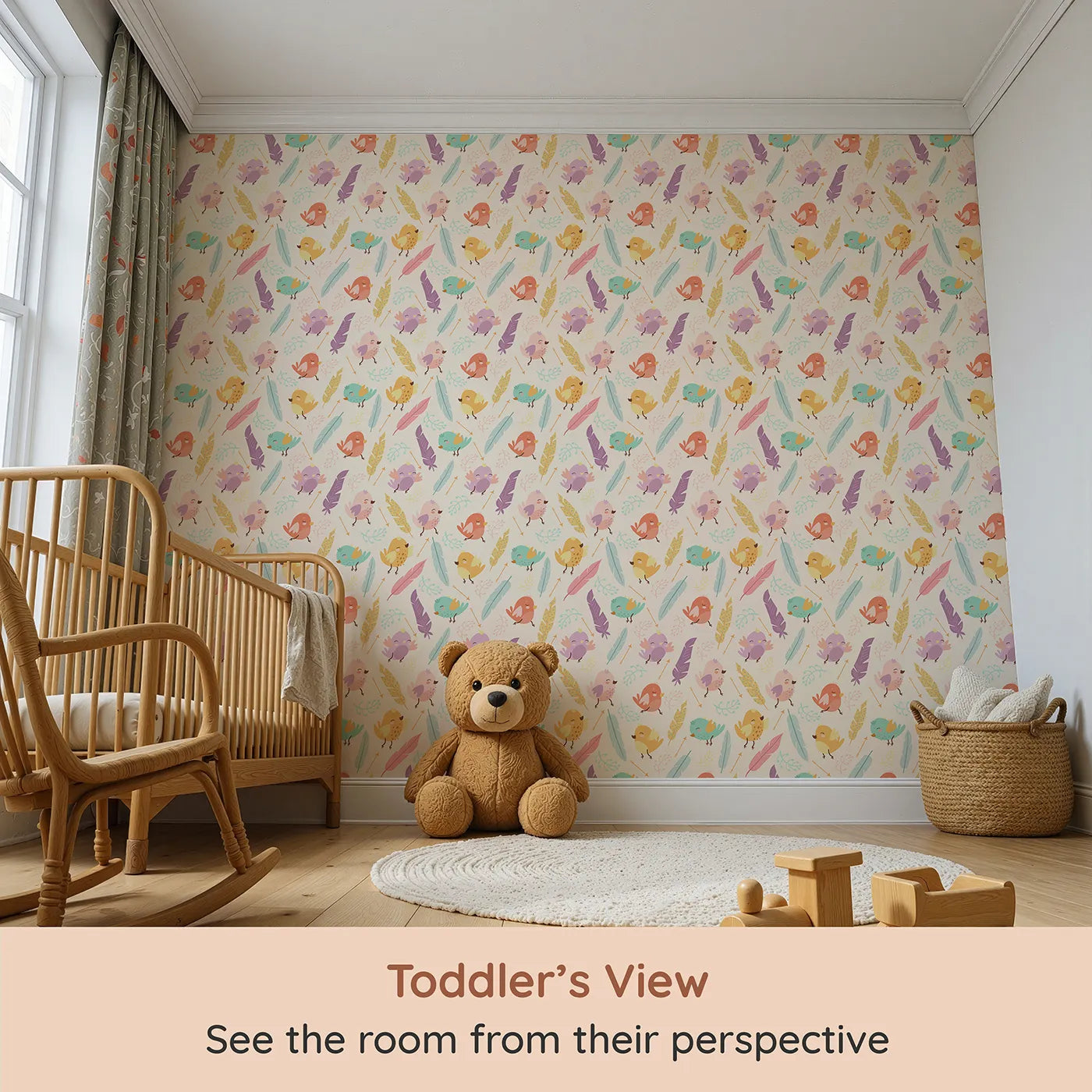Whimsy Tots Feathered Joy Parade Wallpaper in Warm Cream (W3144B) from your child's view.Colorful birds and feathers float gently across a warm cream field.