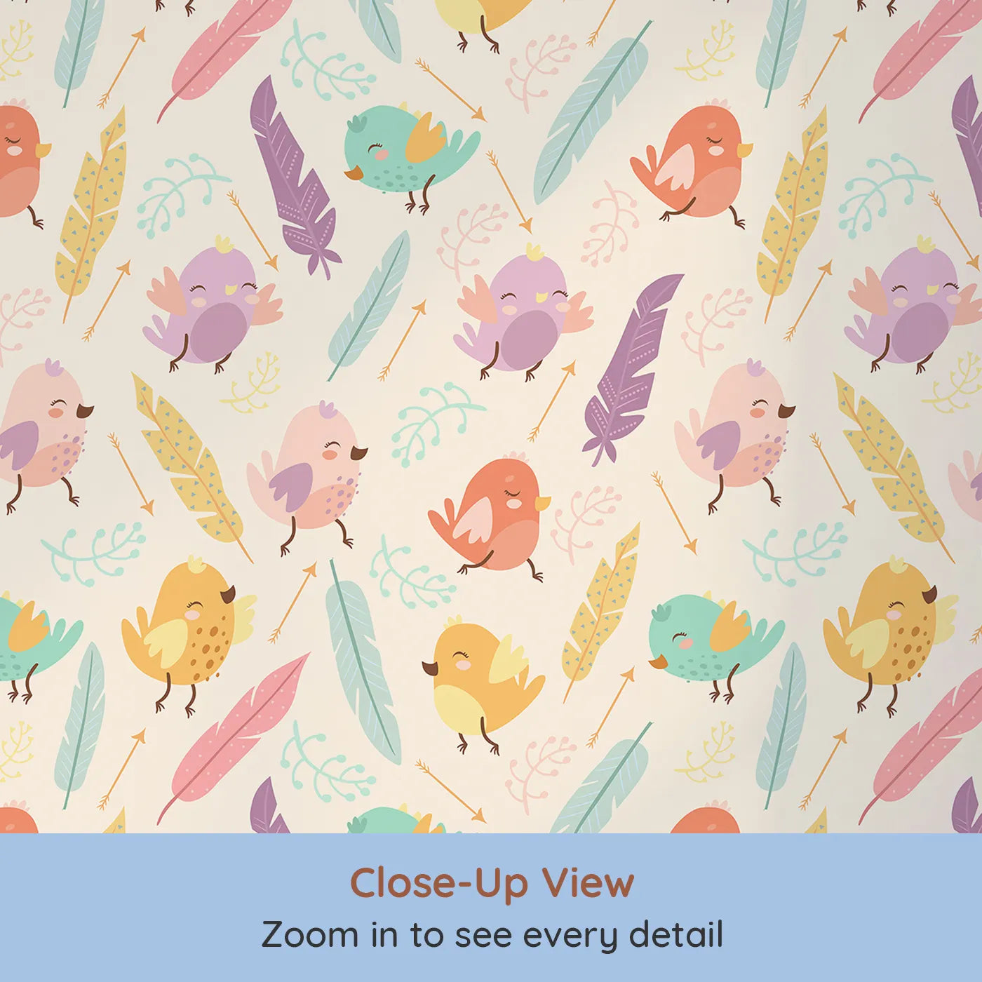 Close-up view of Whimsy Tots' Feathered Joy Parade Wallpaper in Warm Cream (W3144B).Colorful birds and feathers float gently across a warm cream field.