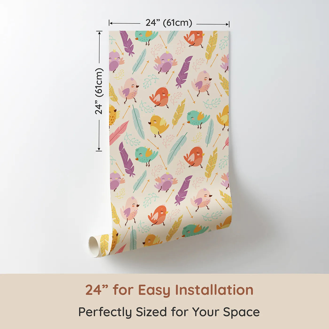 Dimension view of Whimsy Tots Feathered Joy Parade Wallpaper in Warm Cream (W3144B). Printed in 24-inch-wide panel for easy installation. Colorful birds and feathers float gently across a warm cream field.