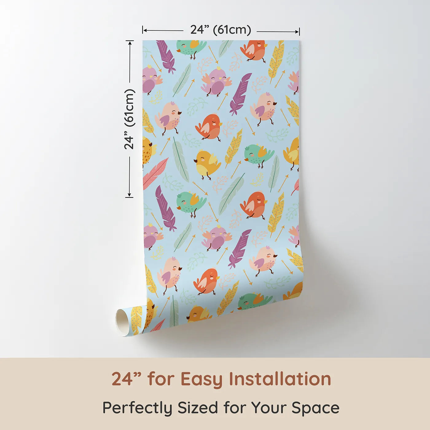 Dimension view of Whimsy Tots Feathered Joy Parade Wallpaper in Sky Blue (W3144C). Printed in 24-inch-wide panel for easy installation. Bright birds and breezy feathers swirl across a sky blue field.