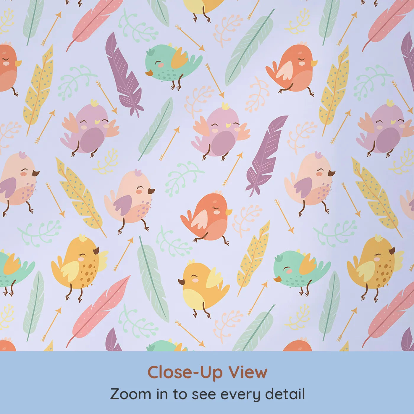Close-up view of Whimsy Tots' Feathered Joy Parade Wallpaper in Lavender Lilac (W3144D).Sweet birds and colorful feathers float across a gentle lilac sky.