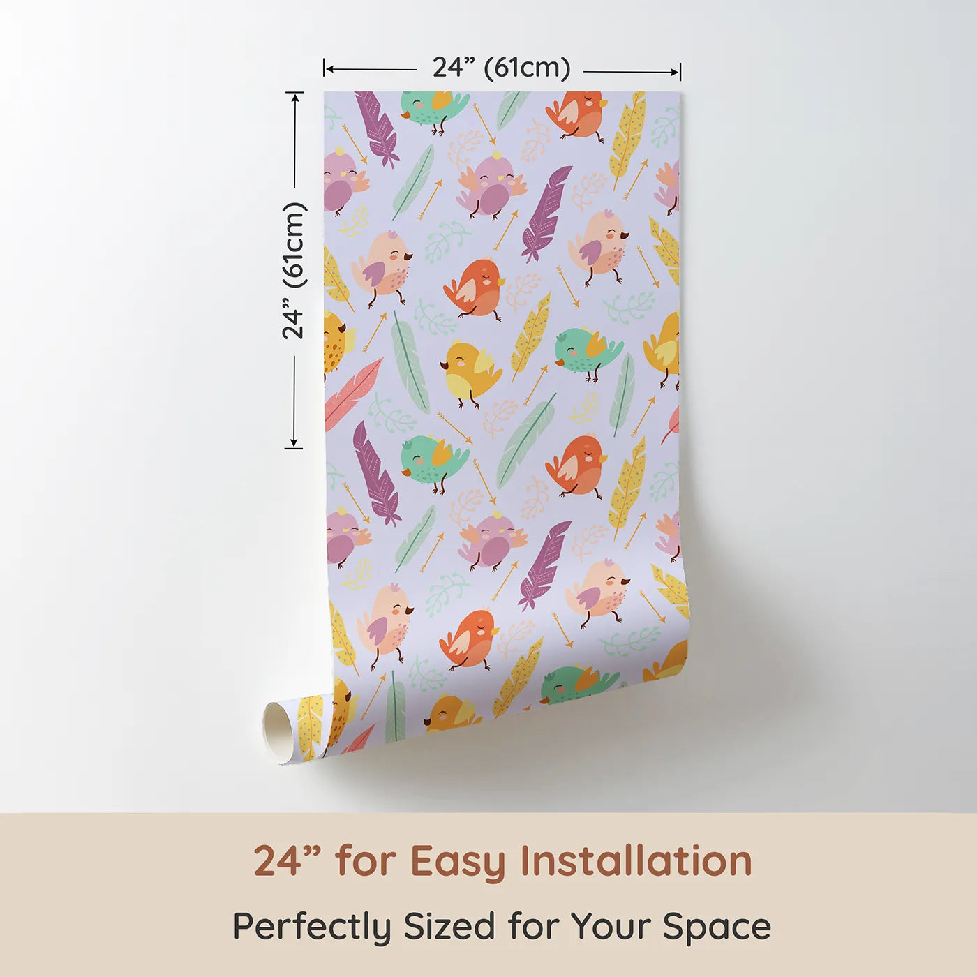 Dimension view of Whimsy Tots Feathered Joy Parade Wallpaper in Lavender Lilac (W3144D). Printed in 24-inch-wide panel for easy installation. Sweet birds and colorful feathers float across a gentle lilac sky.