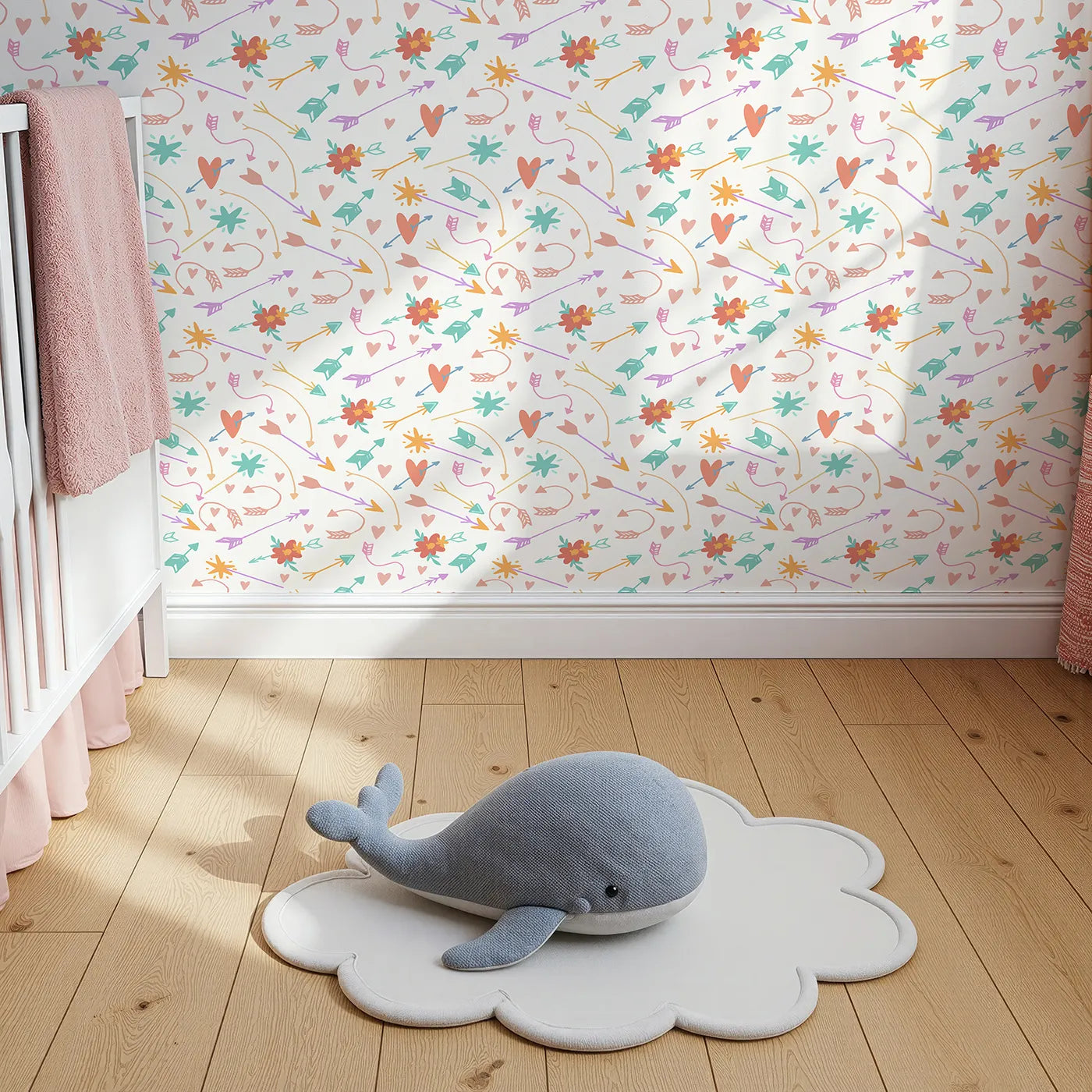 Top-Down view of Whimsy Tots' Love and Arrows Bloom Parade Wallpaper in Cream Blush (W3145A).Hearts, arrows, and blossoms dance across a soft cream sky.