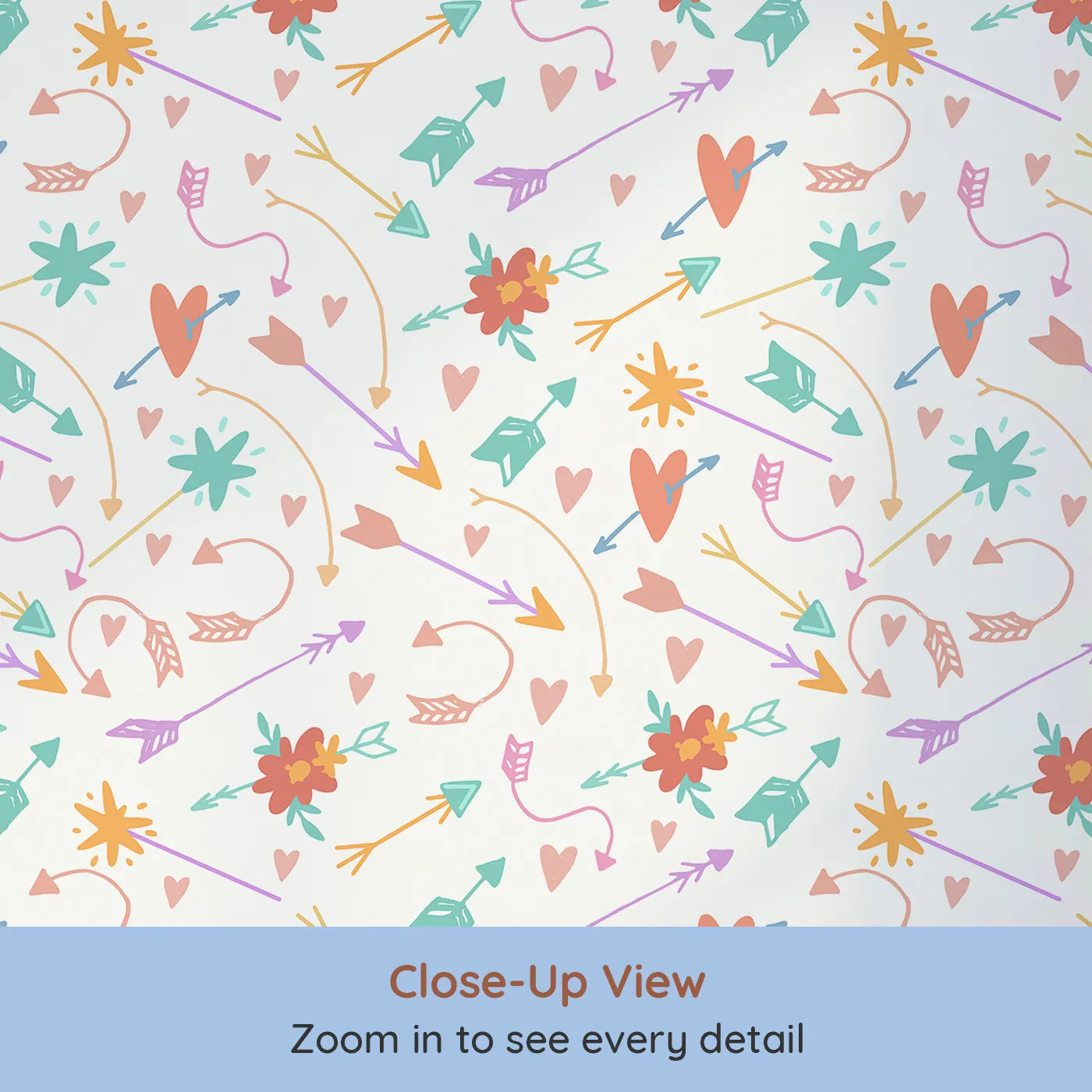 Close-up view of Whimsy Tots' Love and Arrows Bloom Parade Wallpaper in Cream Blush (W3145A).Hearts, arrows, and blossoms dance across a soft cream sky.