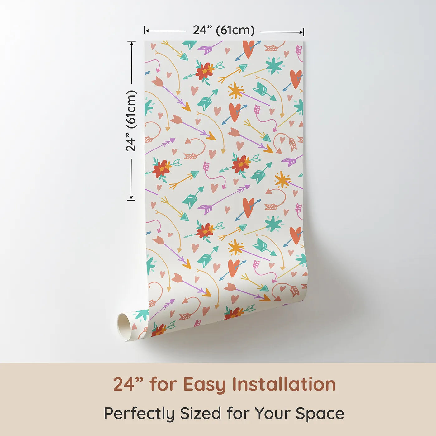 Dimension view of Whimsy Tots Love and Arrows Bloom Parade Wallpaper in Cream Blush (W3145A). Printed in 24-inch-wide panel for easy installation. Hearts, arrows, and blossoms dance across a soft cream sky.