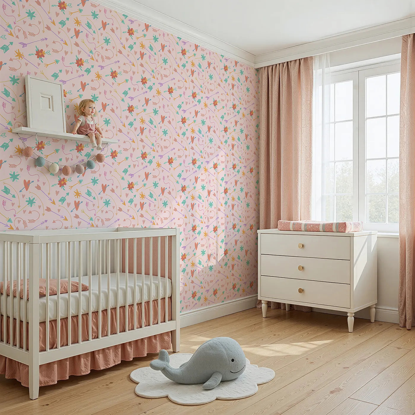 Angled view of Whimsy Tots' Love and Arrows Bloom Parade Wallpaper in Blush Pink (W3145B).Hearts and blossoms flutter across a candy-pink sky.