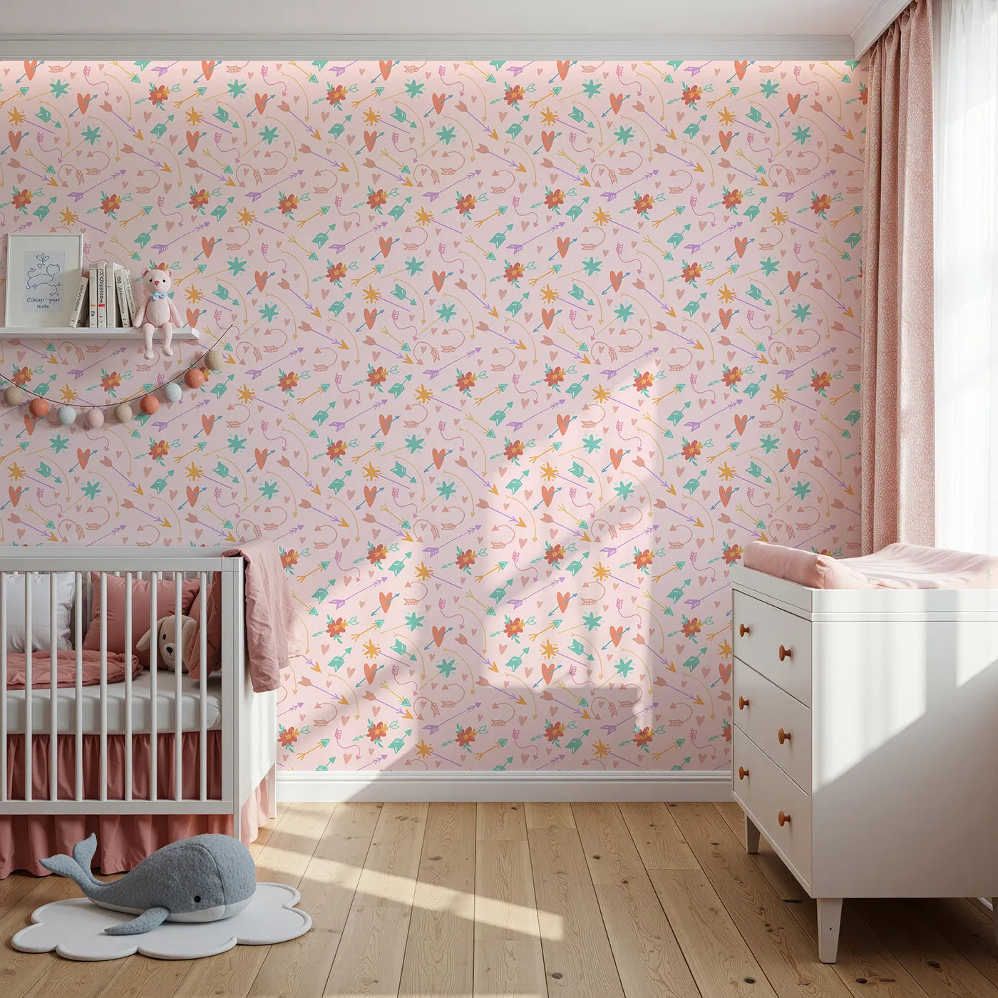 Front view of Whimsy Tots' Love and Arrows Bloom Parade Wallpaper in Blush Pink