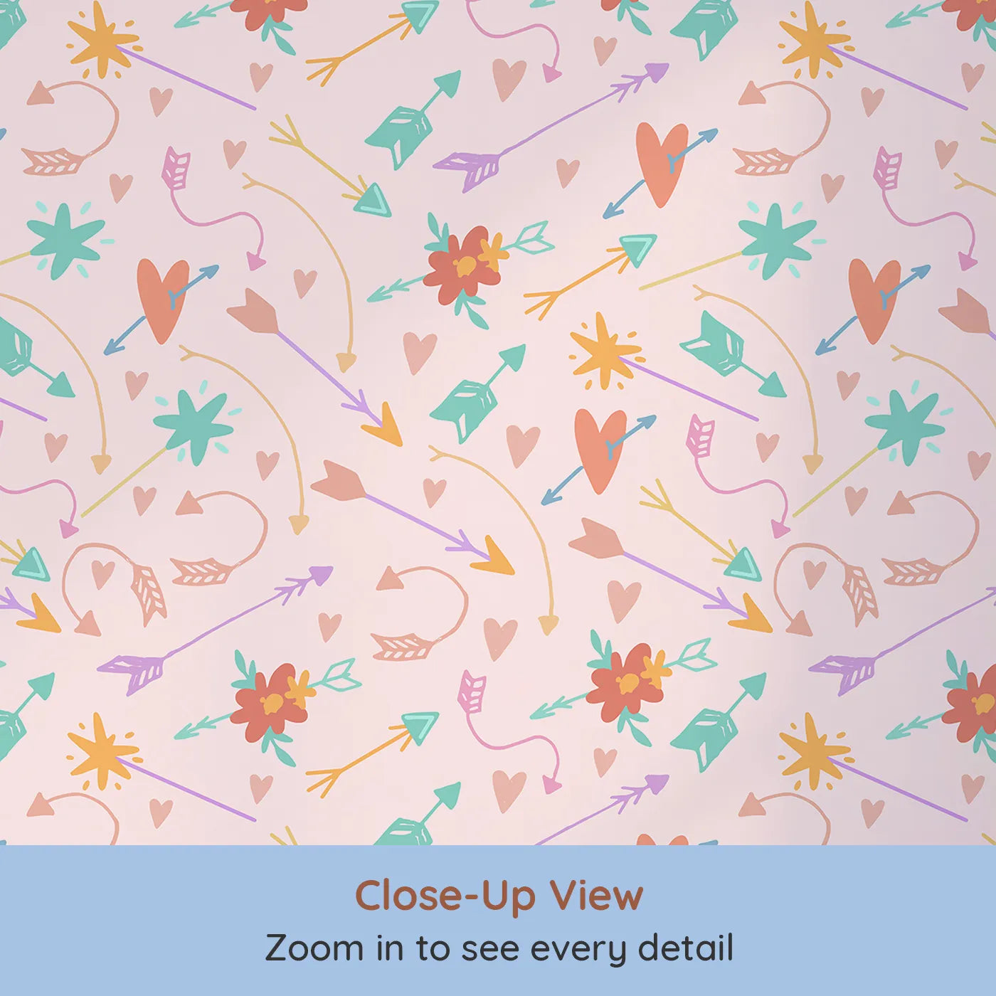Close-up view of Whimsy Tots' Love and Arrows Bloom Parade Wallpaper in Blush Pink (W3145B).Hearts and blossoms flutter across a candy-pink sky.