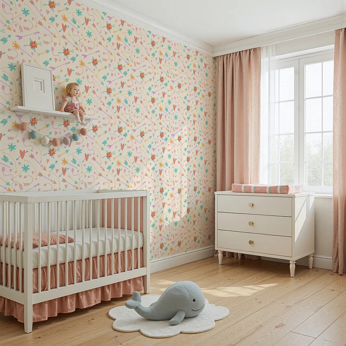 Angled view of Whimsy Tots' Love and Arrows Bloom Parade Wallpaper in Soft Peach (W3145C).Pastel arrows and blossoms dance across a gentle peachy field.
